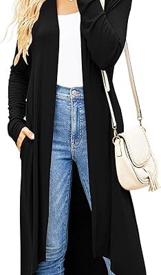 Ruma Fashion Women's Black Long Sleeve Cardigan – Lightweight Open Front Duster with Pockets