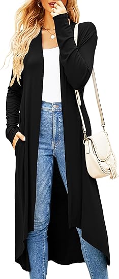 Ruma Fashion Women's Black Long Sleeve Cardigan – Lightweight Open Front Duster with Pockets