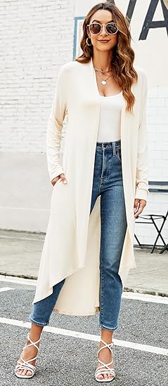 Ruma Fashion Women's Beige Long Sleeve Cardigan – Lightweight Open Front Duster with Pockets