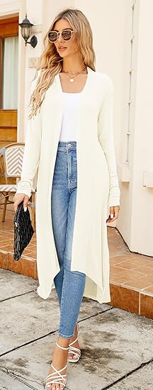 Ruma Fashion Women's Beige Long Sleeve Cardigan – Lightweight Open Front Duster with Pockets