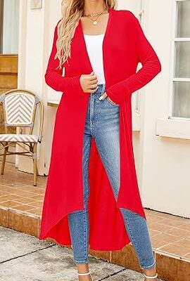 Ruma Fashion Women's Red Long Sleeve Cardigan – Lightweight Open Front Duster with Pockets