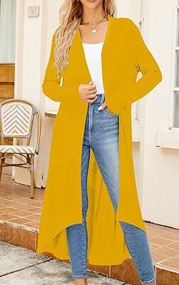 Ruma Fashion Women's Yellow Long Sleeve Cardigan – Lightweight Open Front Duster with Pockets
