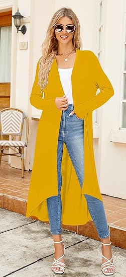 Ruma Fashion Women's Yellow Long Sleeve Cardigan – Lightweight Open Front Duster with Pockets