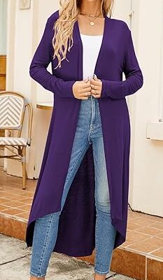 Ruma Fashion Women's Purple Long Sleeve Cardigan – Lightweight Open Front Duster with Pockets