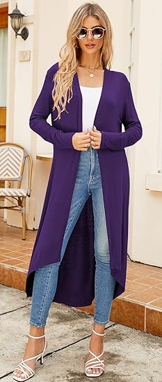Ruma Fashion Women's Purple Long Sleeve Cardigan – Lightweight Open Front Duster with Pockets
