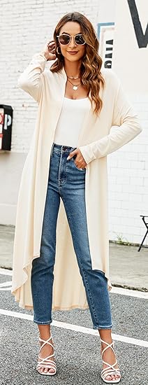 Light apricot long sleeve cardigan for women – Open front, lightweight, duster style with pockets – Ruma Fashion