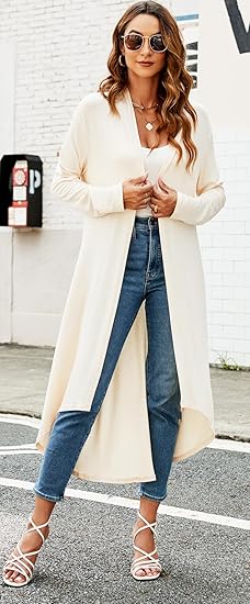 Ruma Fashion Women's Beige Long Sleeve Cardigan – Lightweight Open Front Duster with Pockets