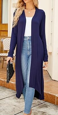 Ruma Fashion Women's Navy Blue Long Sleeve Cardigan – Lightweight Open Front Duster with Pockets