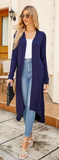 Ruma Fashion Women's Navy Blue Long Sleeve Cardigan – Lightweight Open Front Duster with Pockets