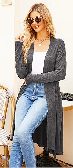 Ruma Fashion Women's Dark Grey Long Sleeve Cardigan – Lightweight Open Front Duster with Pockets