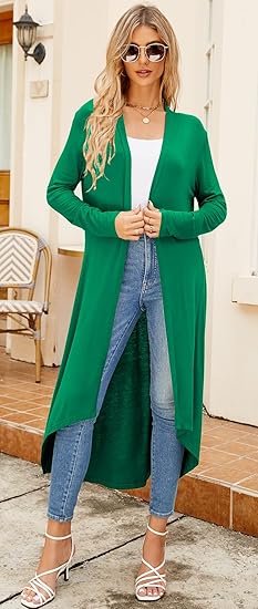 Ruma Fashion Women's Green Long Sleeve Cardigan – Lightweight Open Front Duster with Pockets