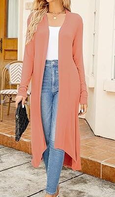 Ruma Fashion Women's Peach Long Sleeve Cardigan – Lightweight Open Front Duster with Pockets