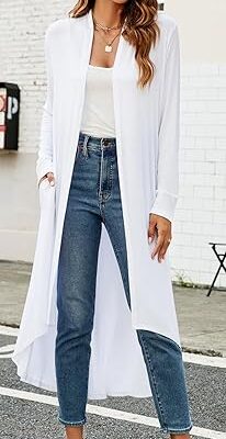 Ruma Fashion Women's White Long Sleeve Cardigan – Lightweight Open Front Duster with Pockets