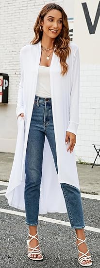 Ruma Fashion Women's White Long Sleeve Cardigan – Lightweight Open Front Duster with Pockets