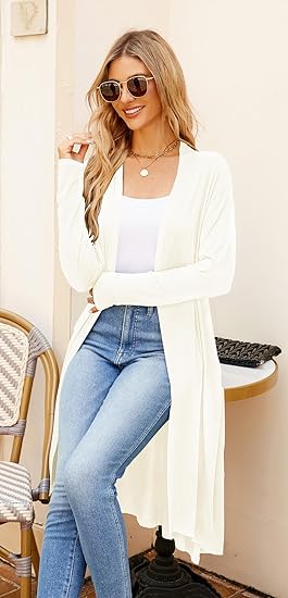 Ruma Fashion Women's Beige Long Sleeve Cardigan – Lightweight Open Front Duster with Pockets