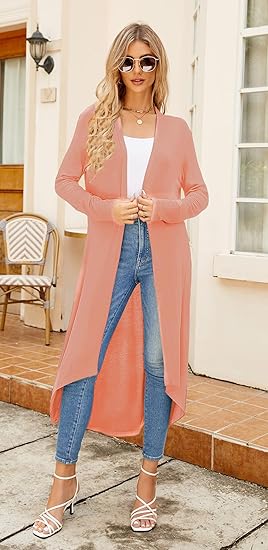 Ruma Fashion Women's Beige Long Sleeve Cardigan – Lightweight Open Front Duster with Pockets