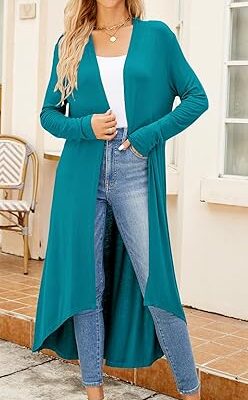 Ruma Fashion Women's Teal Blue Long Sleeve Cardigan – Lightweight Open Front Duster with Pockets